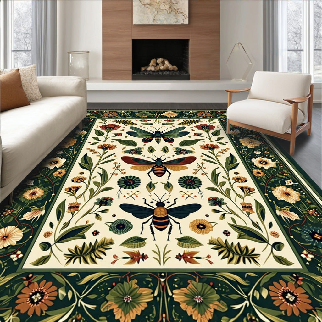 Ornate Floral Insect Garden Design Rug