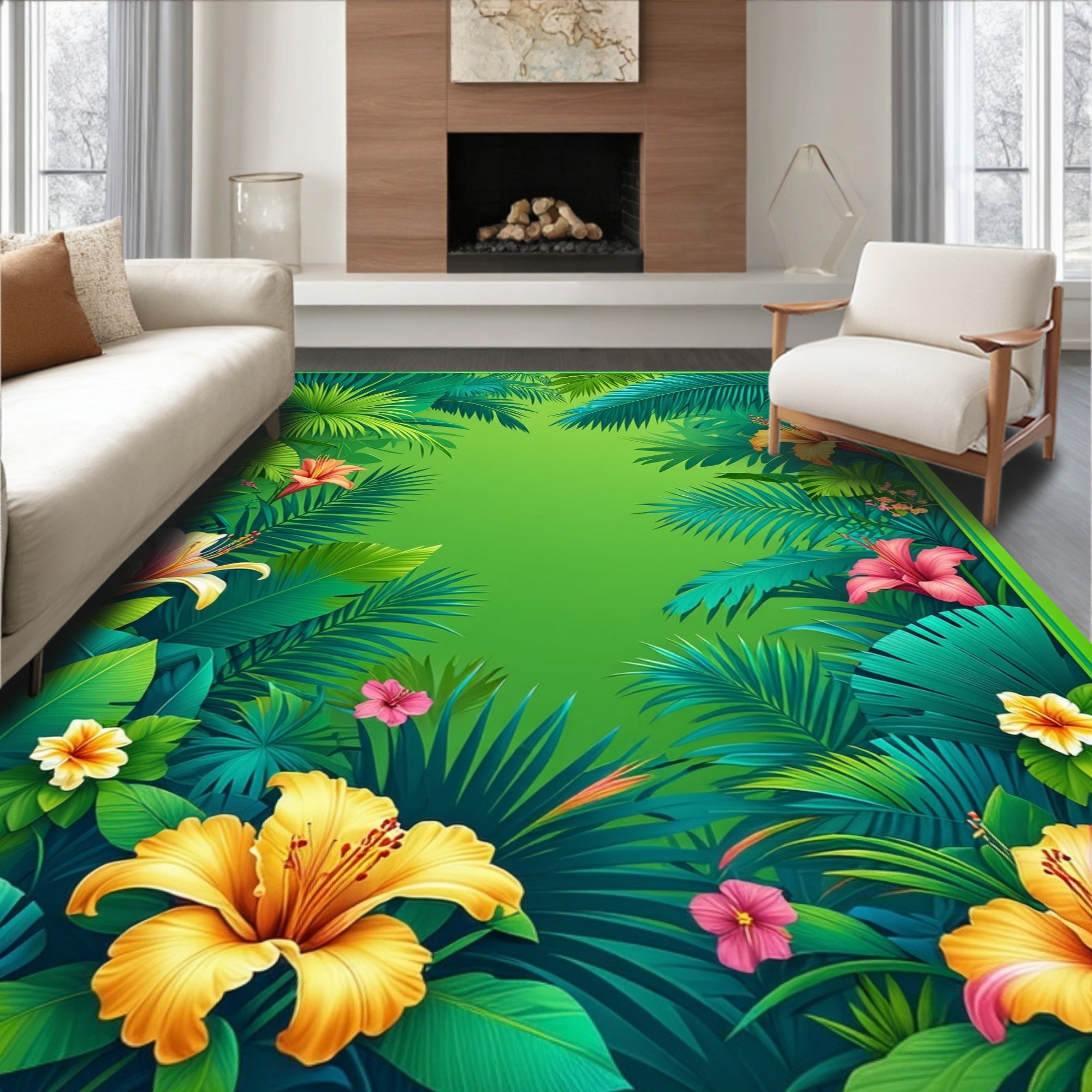 Lush Tropical Floral Leaf Pattern Rug