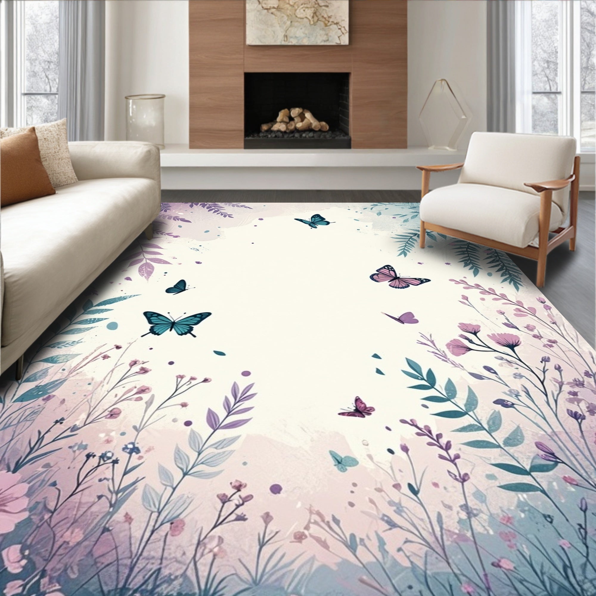Pastel Floral Butterfly Garden Design Rug