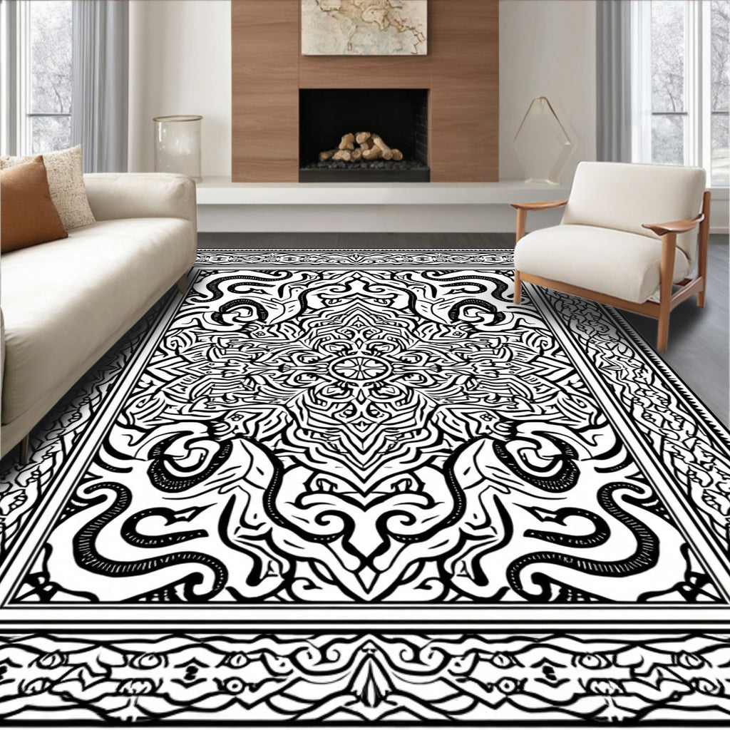 Black White Intricate Mandala Design Rug