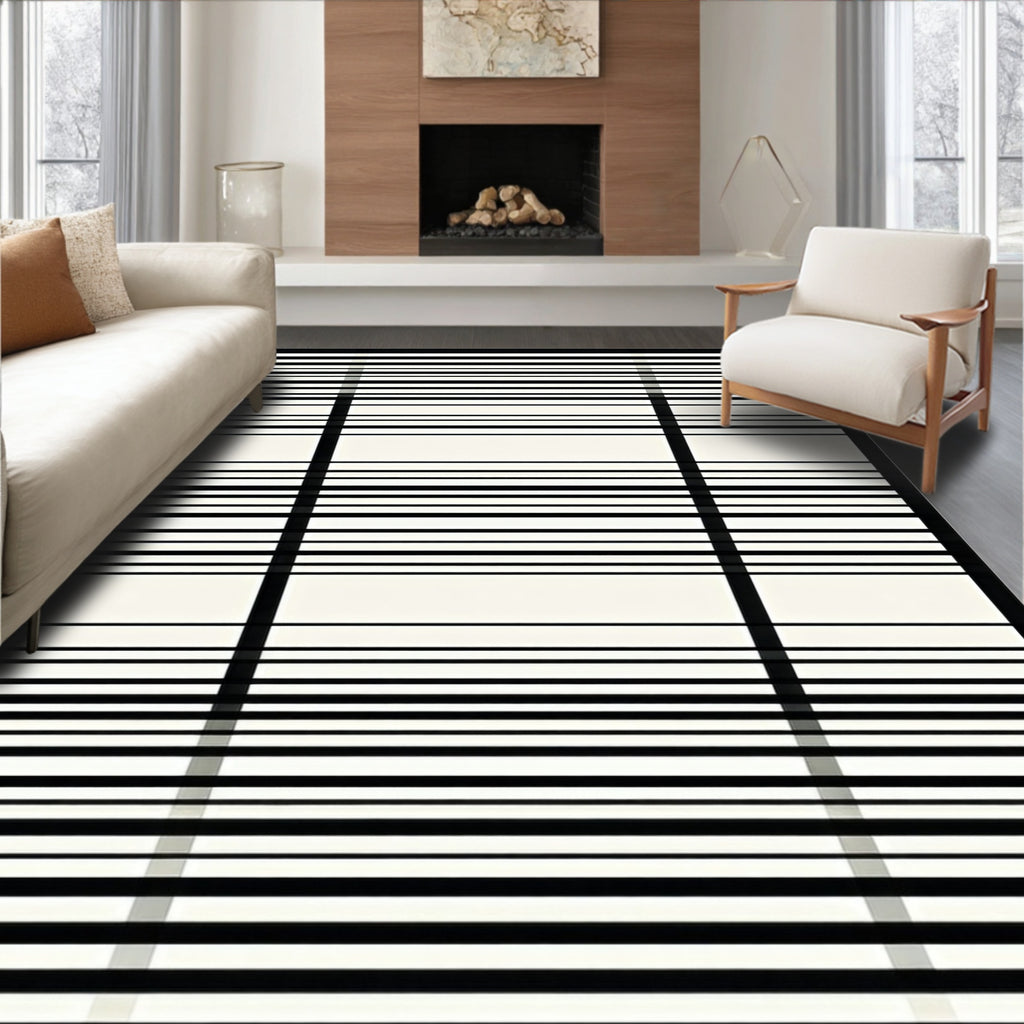 Sharp Black White Grid Lines Rug
