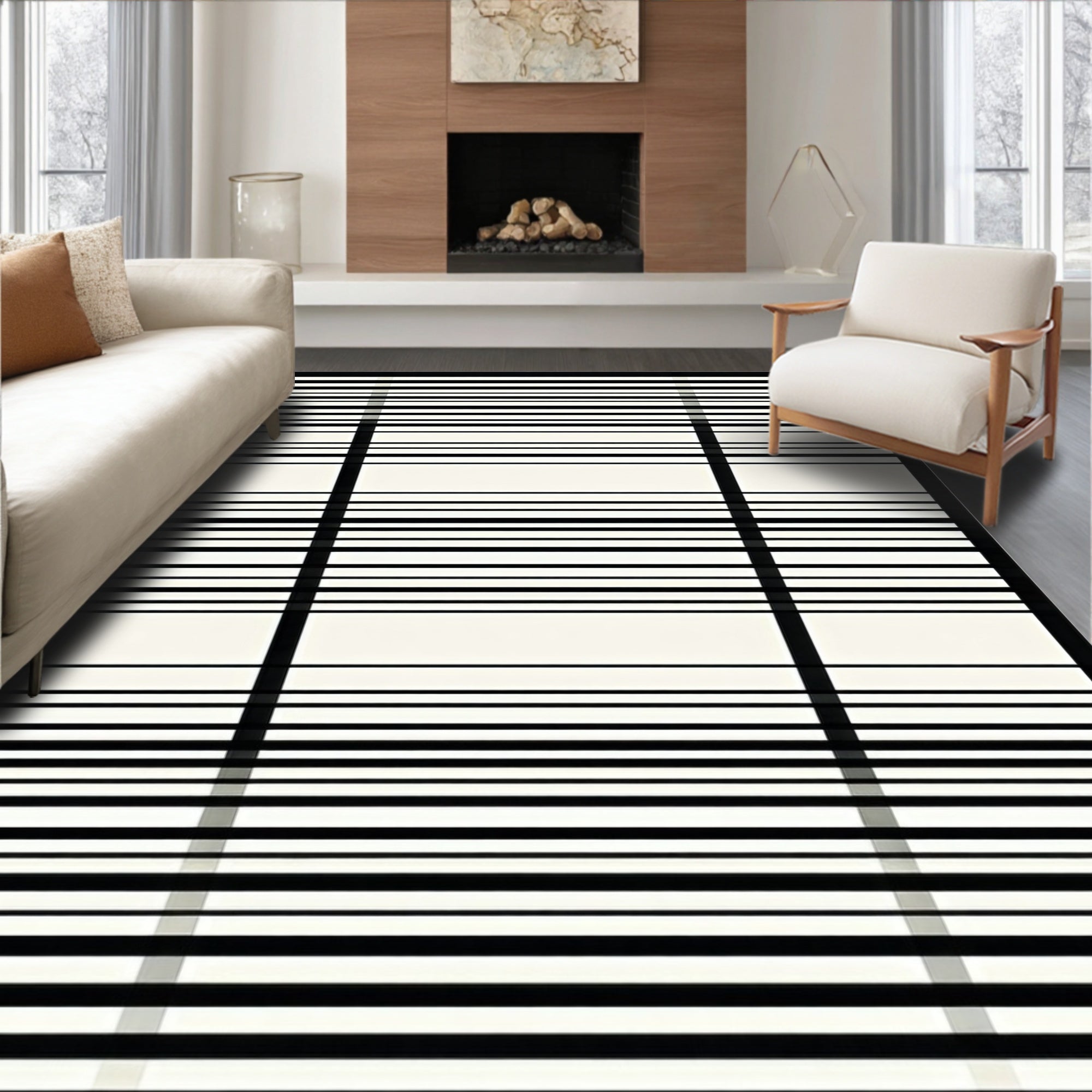 Sharp Black White Grid Lines Rug