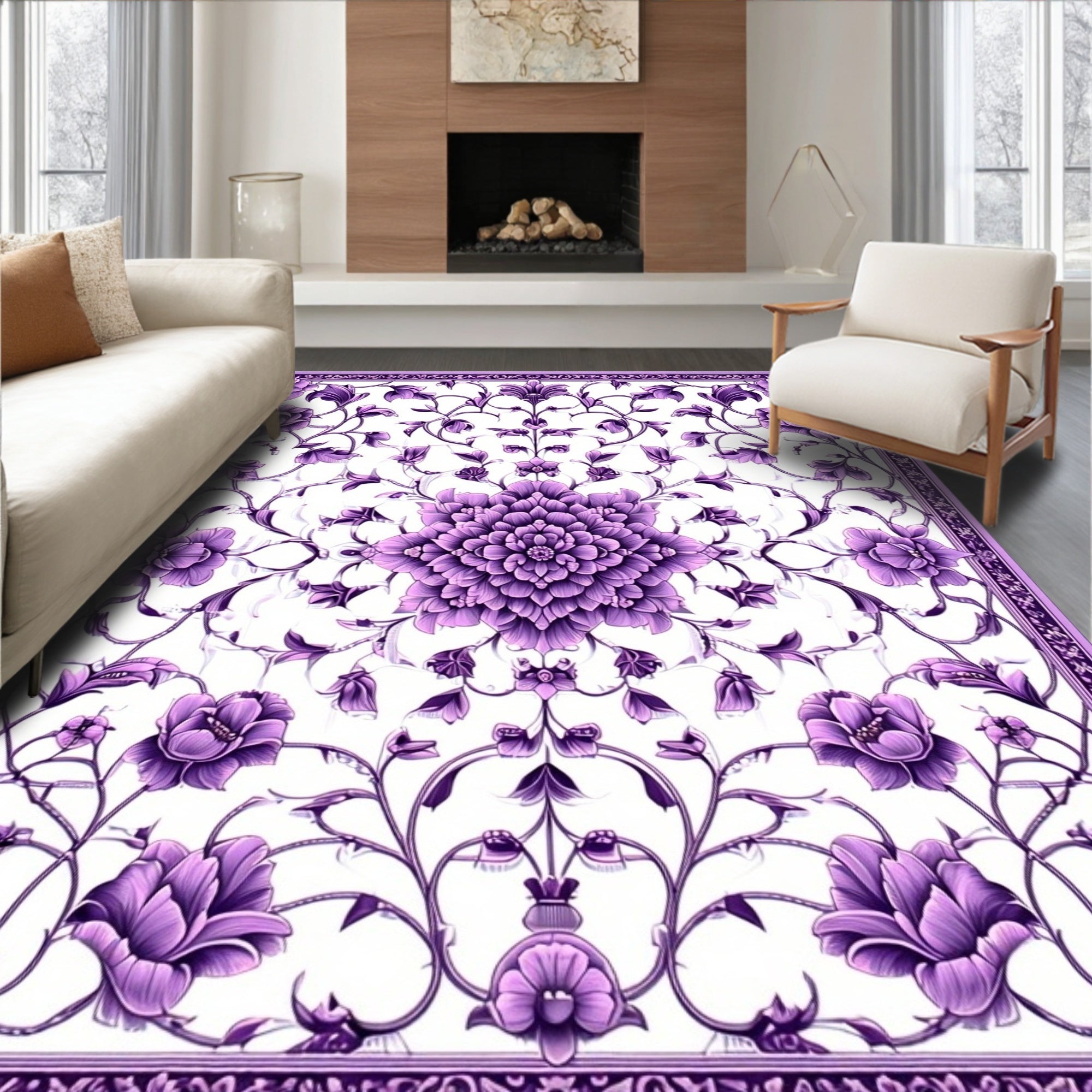 Ornate Purple Floral Scroll Rug