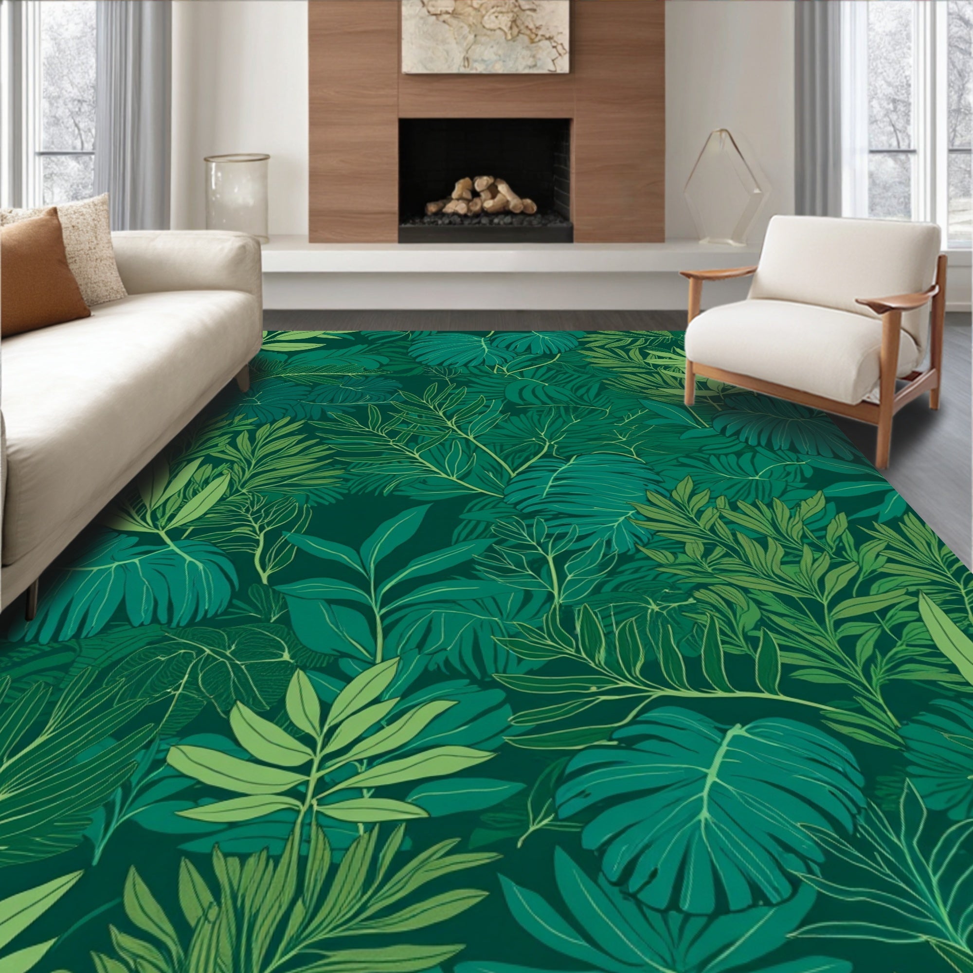 Lush Green Tropical Leaf Pattern Rug