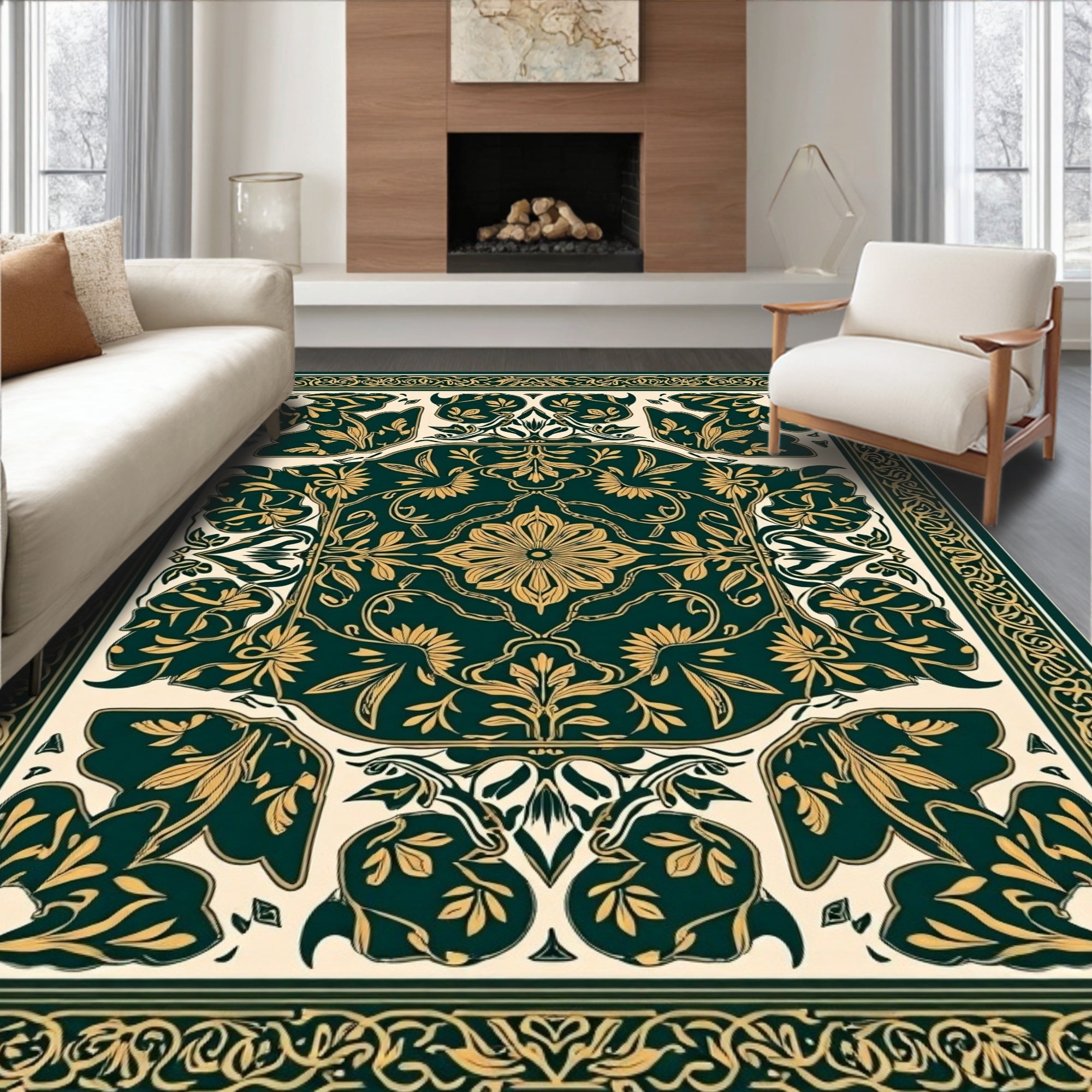 Dark Green Golden Floral Medallion Rug