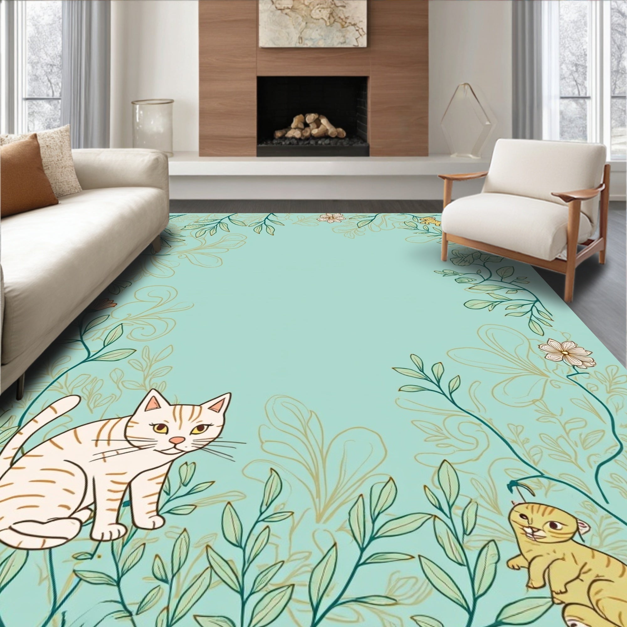 Whimsical Cats And Floral Vines Rug