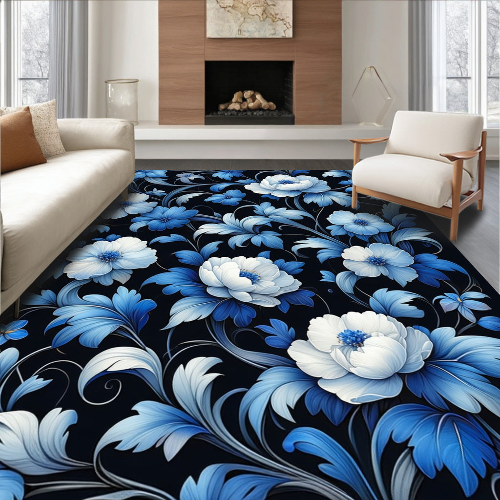 Blue Floral With White Accents Rug