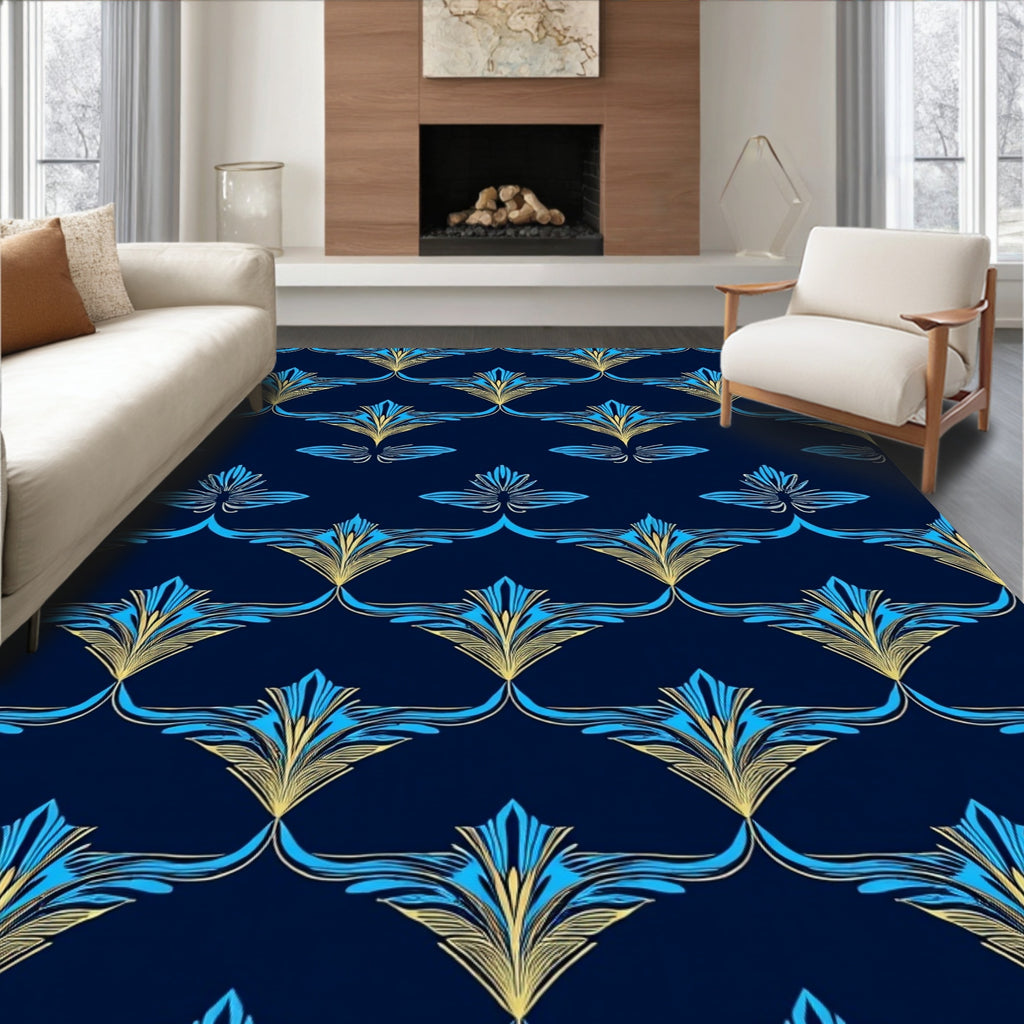 Art Deco Blue Gold Floral Pattern Rug