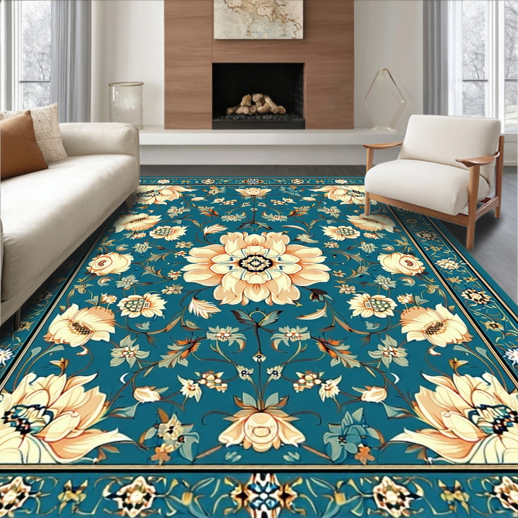 Traditional Floral Teal Cream Rug