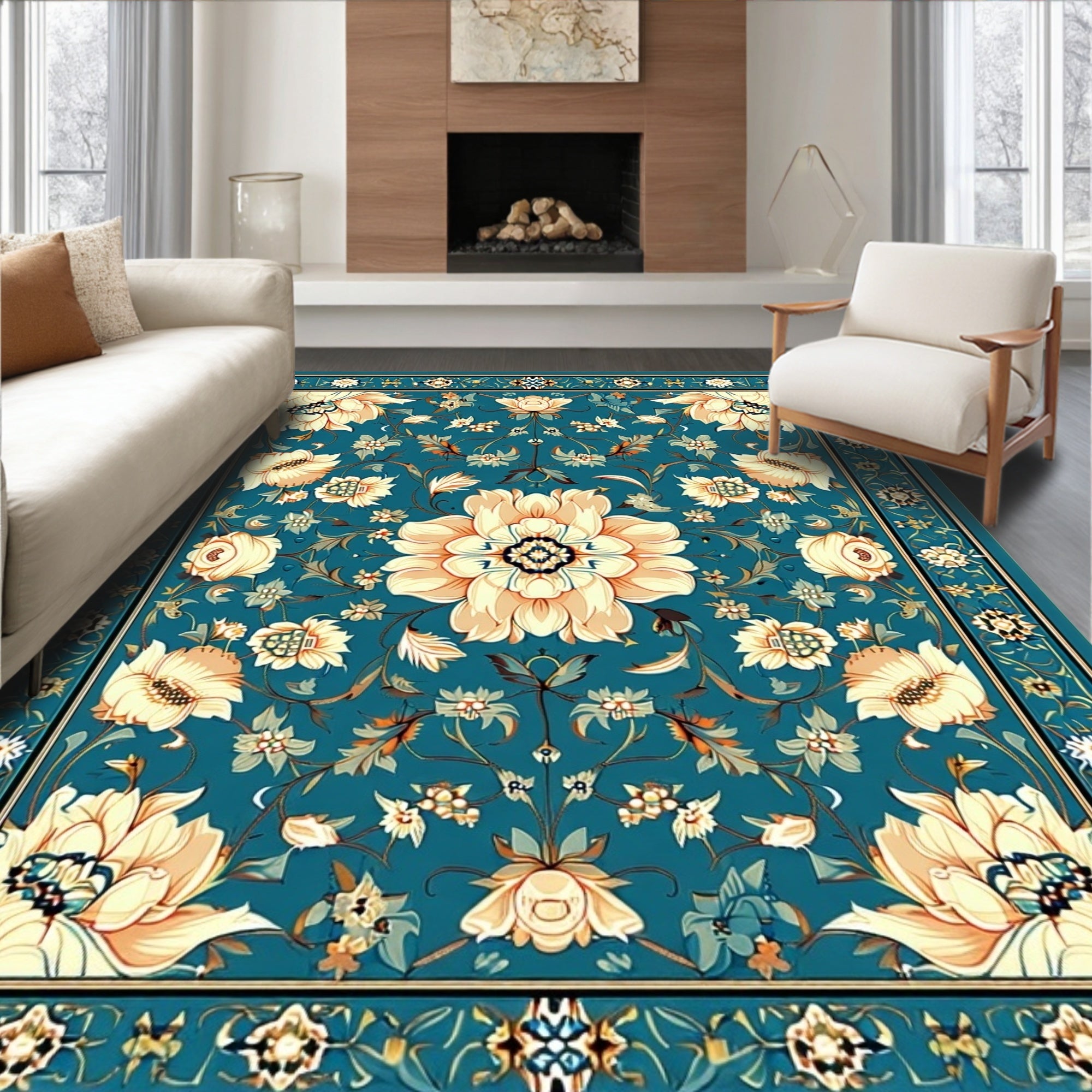 Traditional Floral Teal Cream Rug