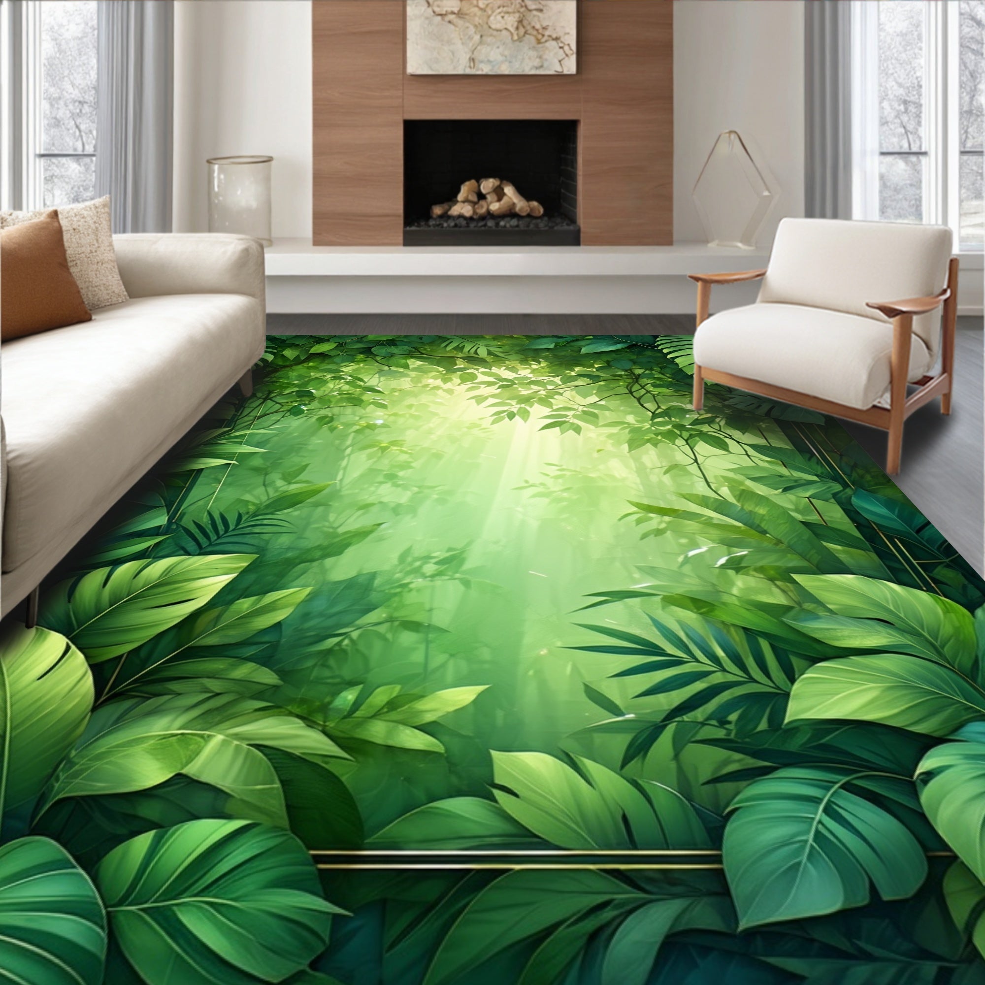 Lush Tropical Jungle Leaf Pattern Rug