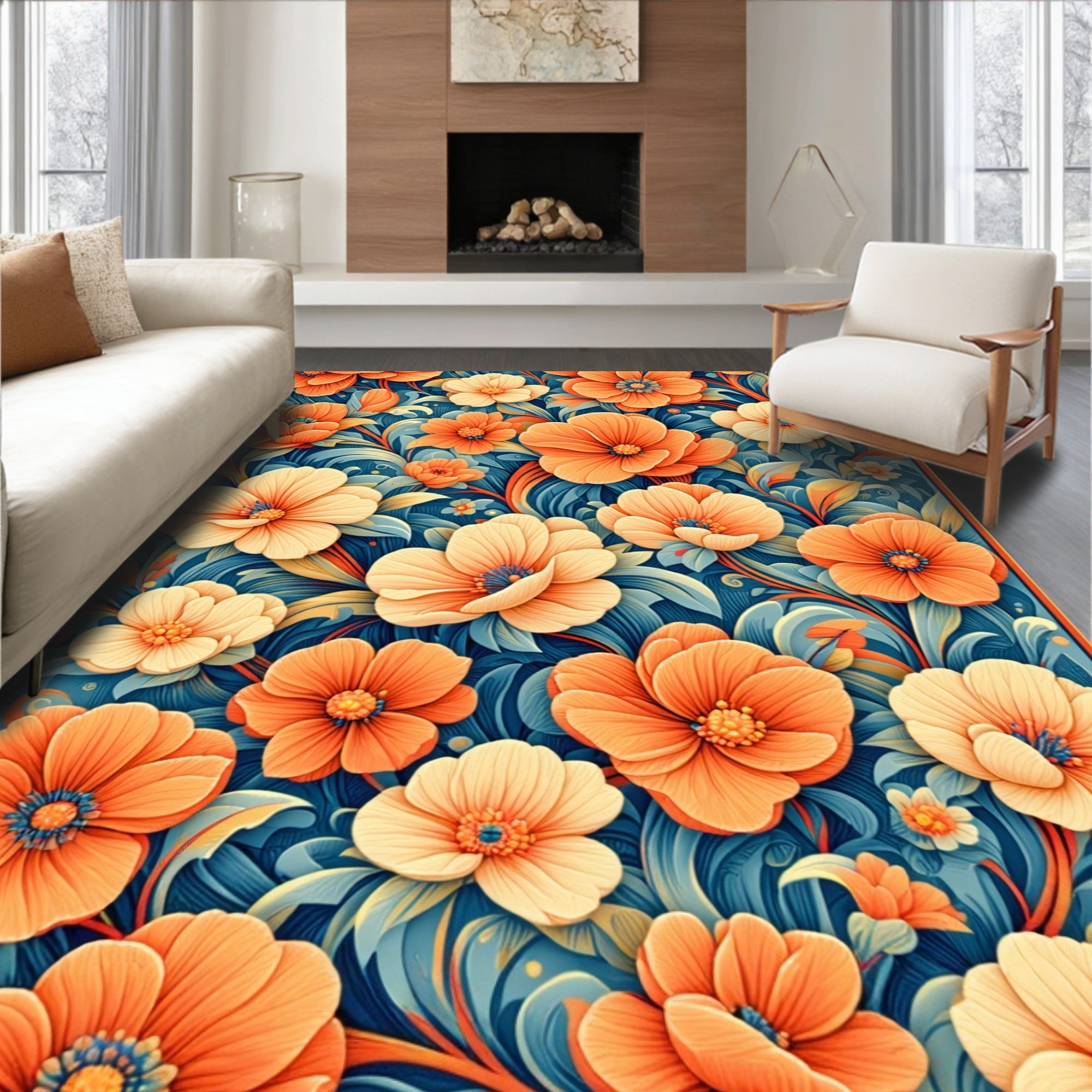 Vibrant Orange Peach Floral Pattern Rug