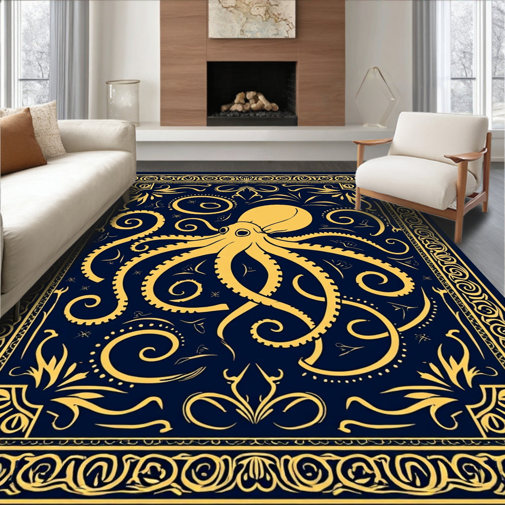 Navy Yellow Octopus Ornamental Pattern Rug