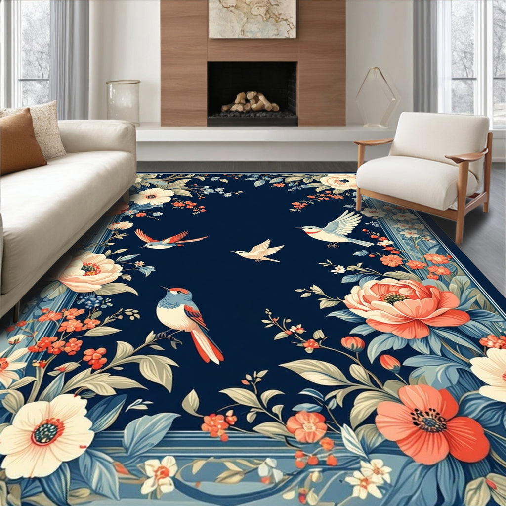 Floral Birds with Navy Background Pattern Rug