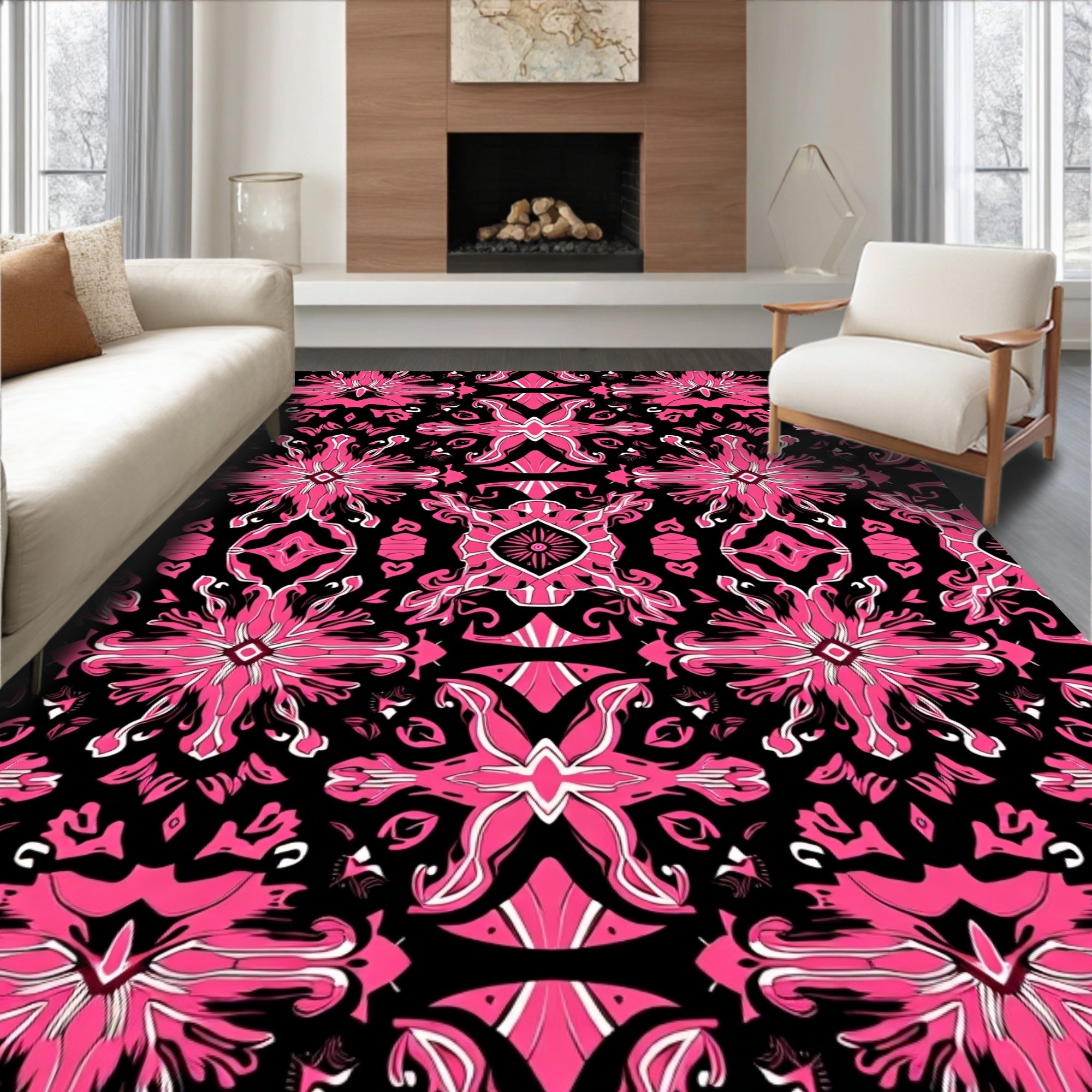Bold Pink Ornamental Symmetry Pattern Rug