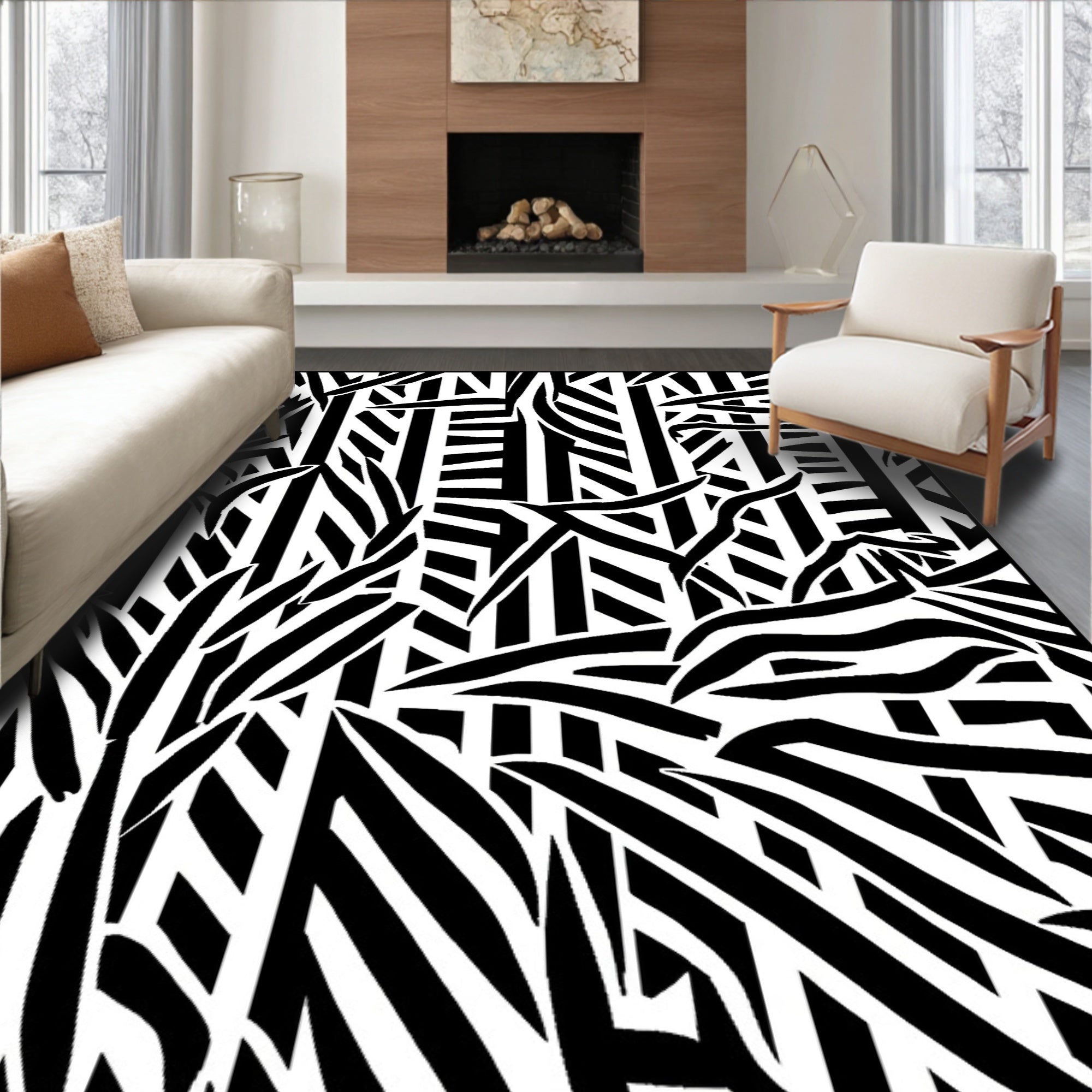 Abstract Black White Stripe Art Rug