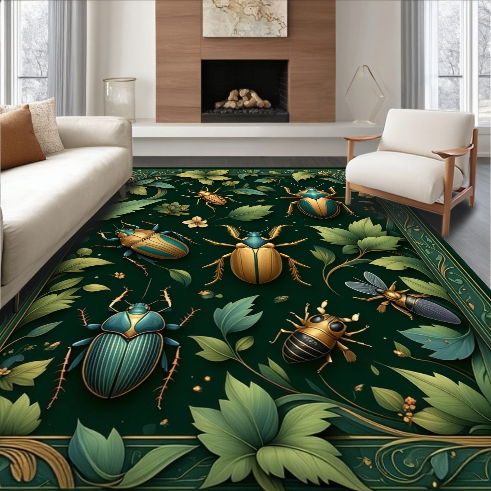 Green Emerald Beetle Botanical Print Rug