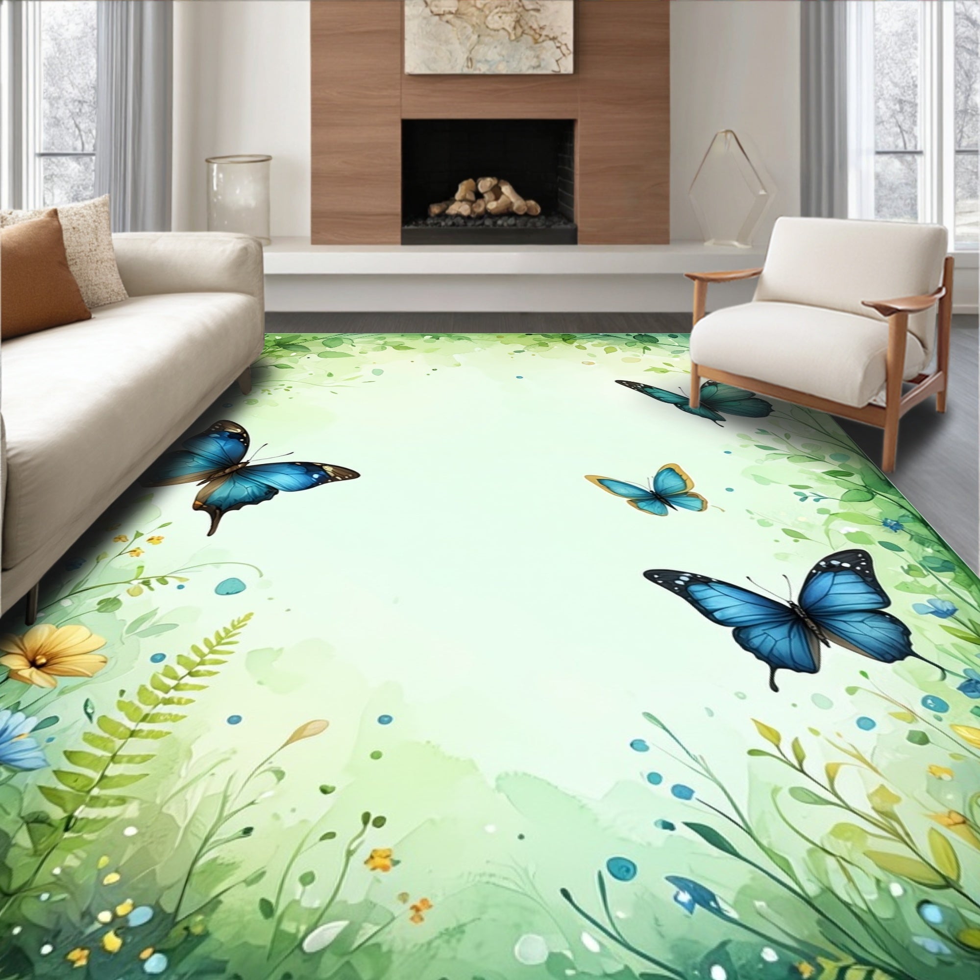 Watercolor Meadow Butterfly Art Rug