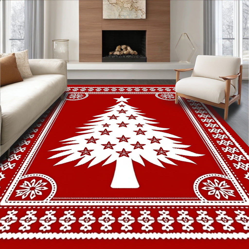 Red White Holiday Tree Border Rug