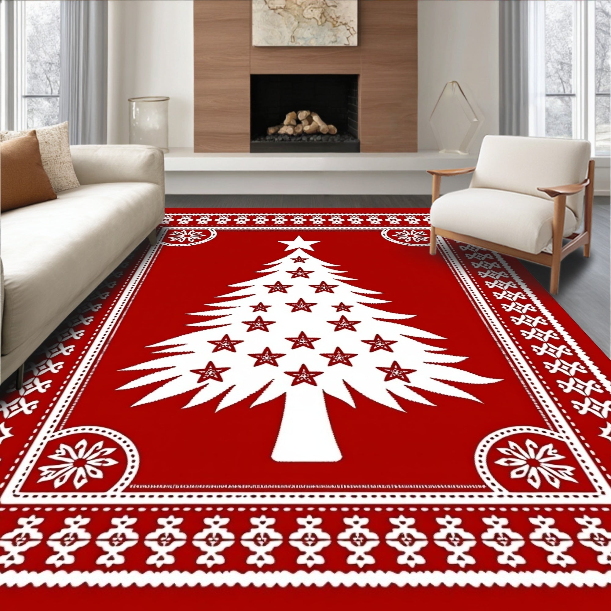 Red White Holiday Tree Border Rug