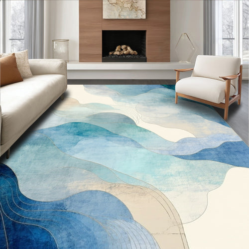 Abstract Blue Wave Layered Design Rug