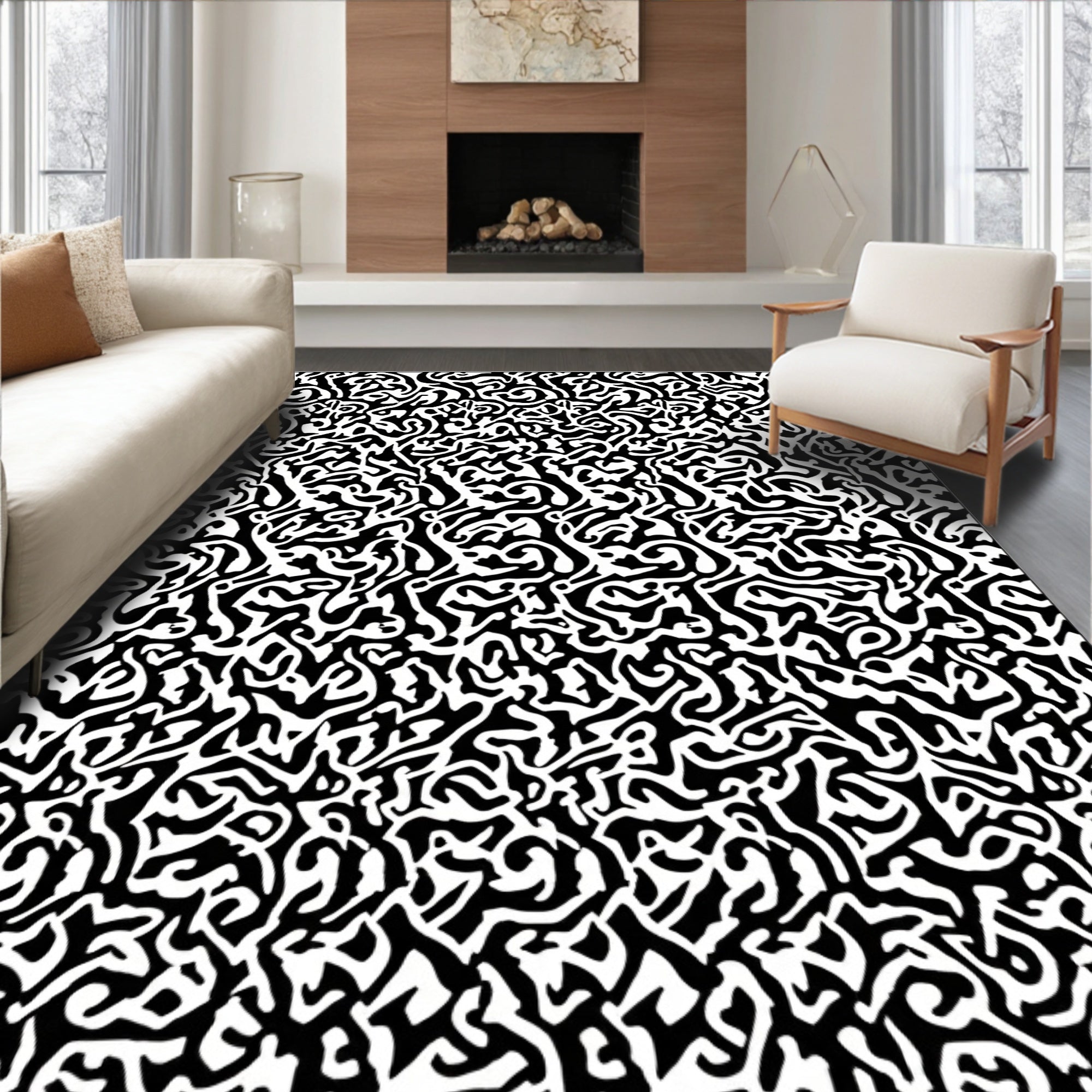 Intricate Black White Organic Abstract Pattern Rug
