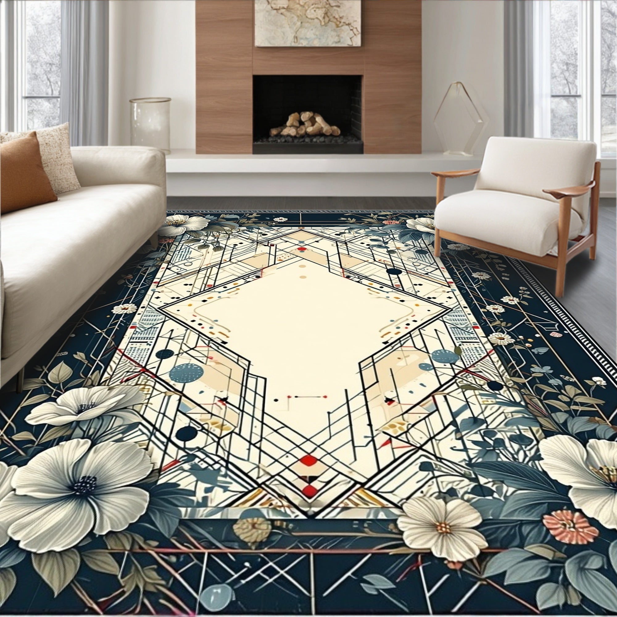 Art Deco Floral Geometric Pattern Rug