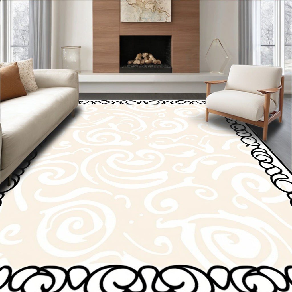 Cream Swirl Vine Patterned Border Rug