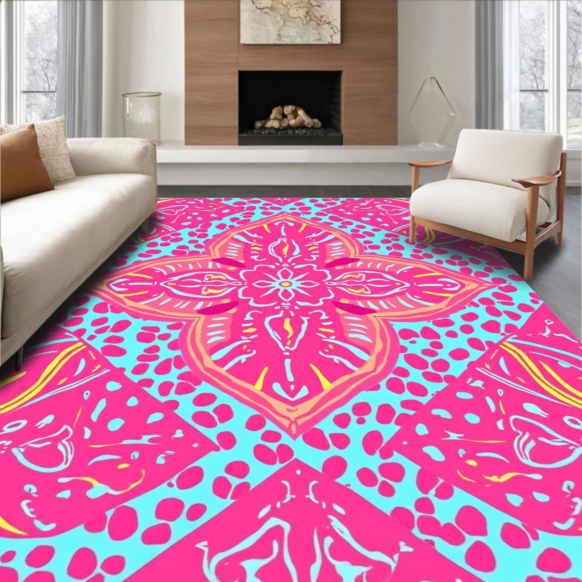 Vibrant Pink Turquoise Floral Medallion Pattern Rug