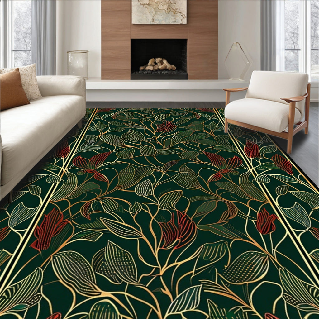 Ornate Gold Botanical Emerald Tapestry Rug