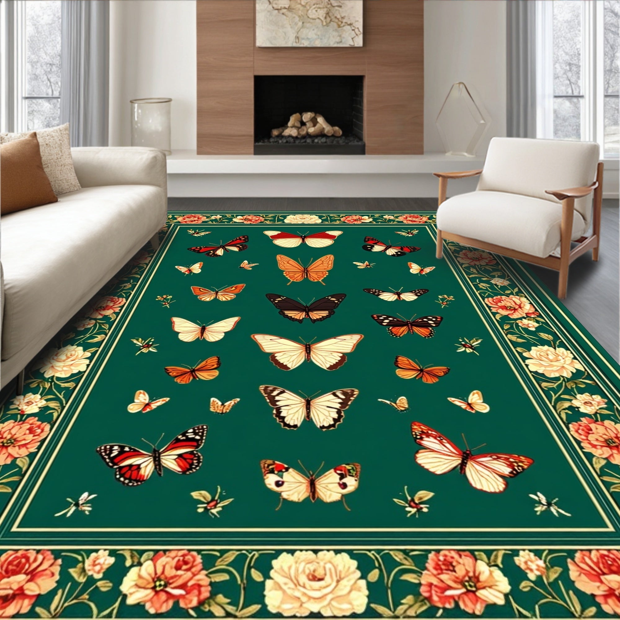 Elegant Butterfly Floral Pattern Rug