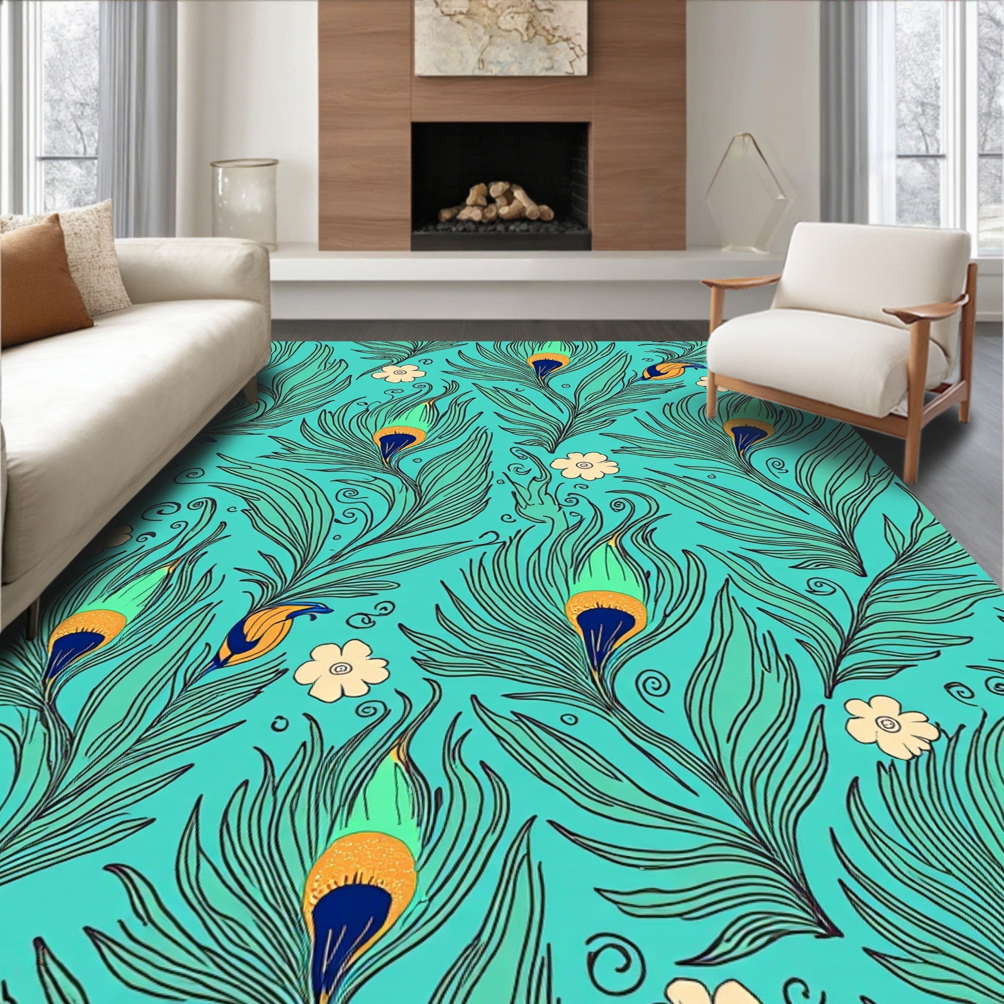 Feather Flower Teal Pattern Rug
