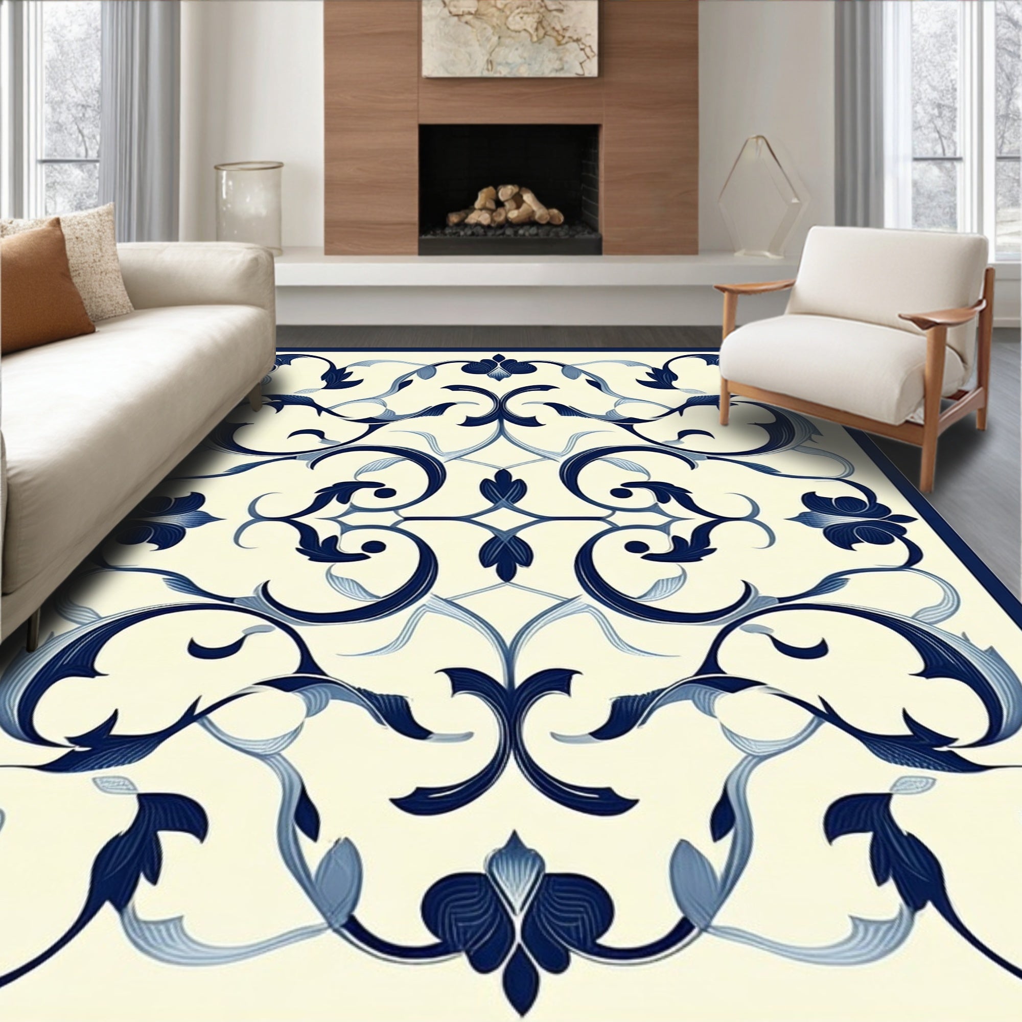 Classic Blue White Floral Scroll Pattern Rug