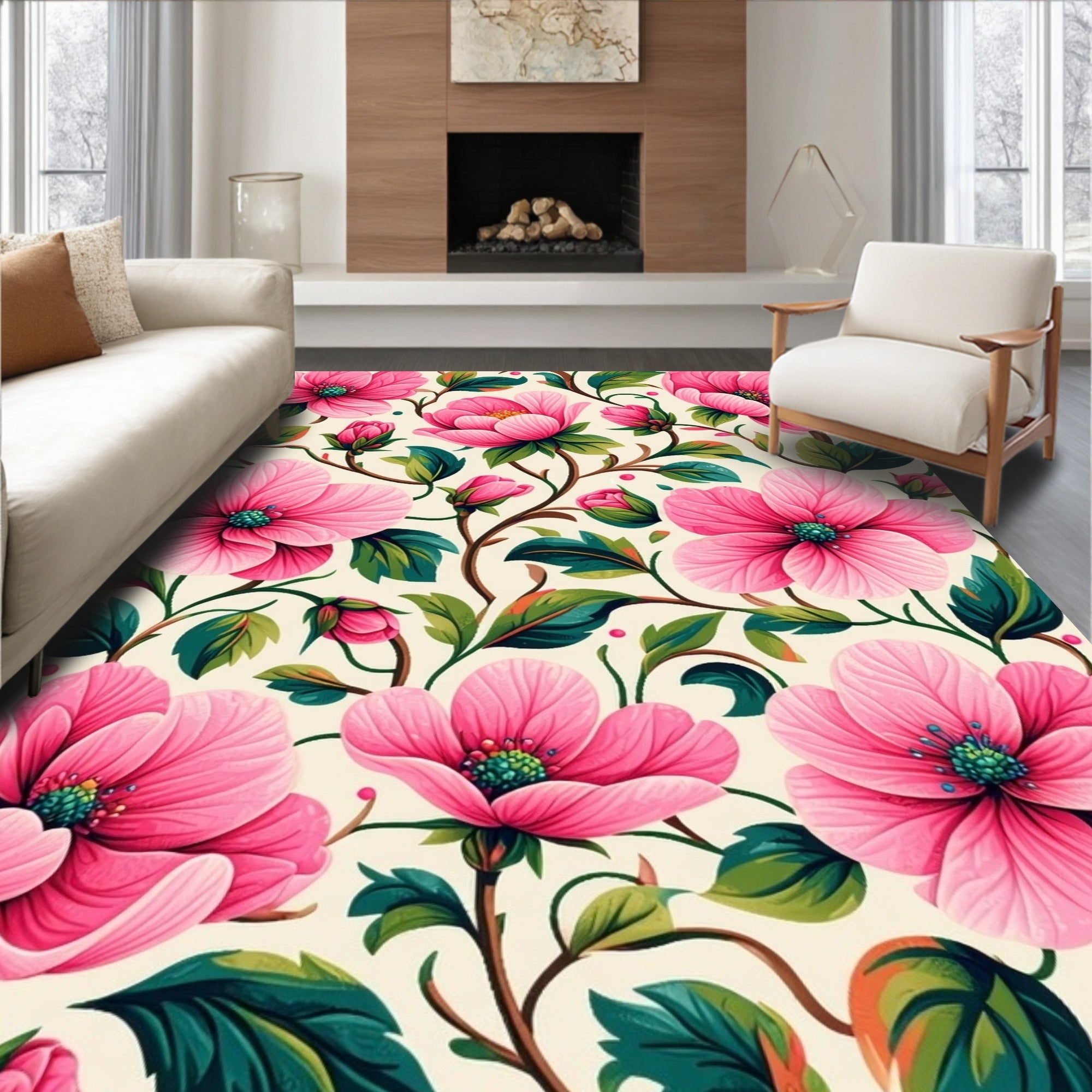 Vibrant Pink Floral Vine Pattern Rug