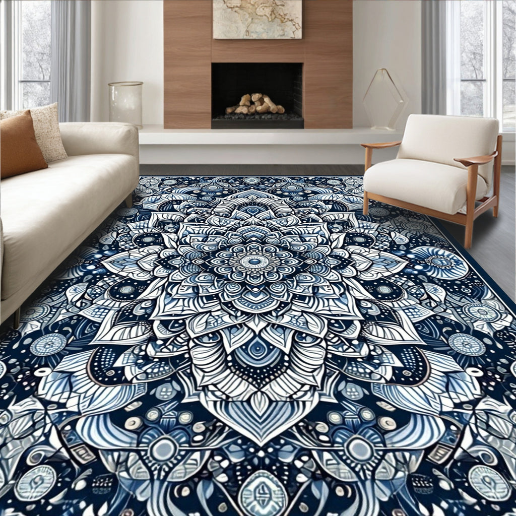 Intricate Blue White Mandala Pattern Rug