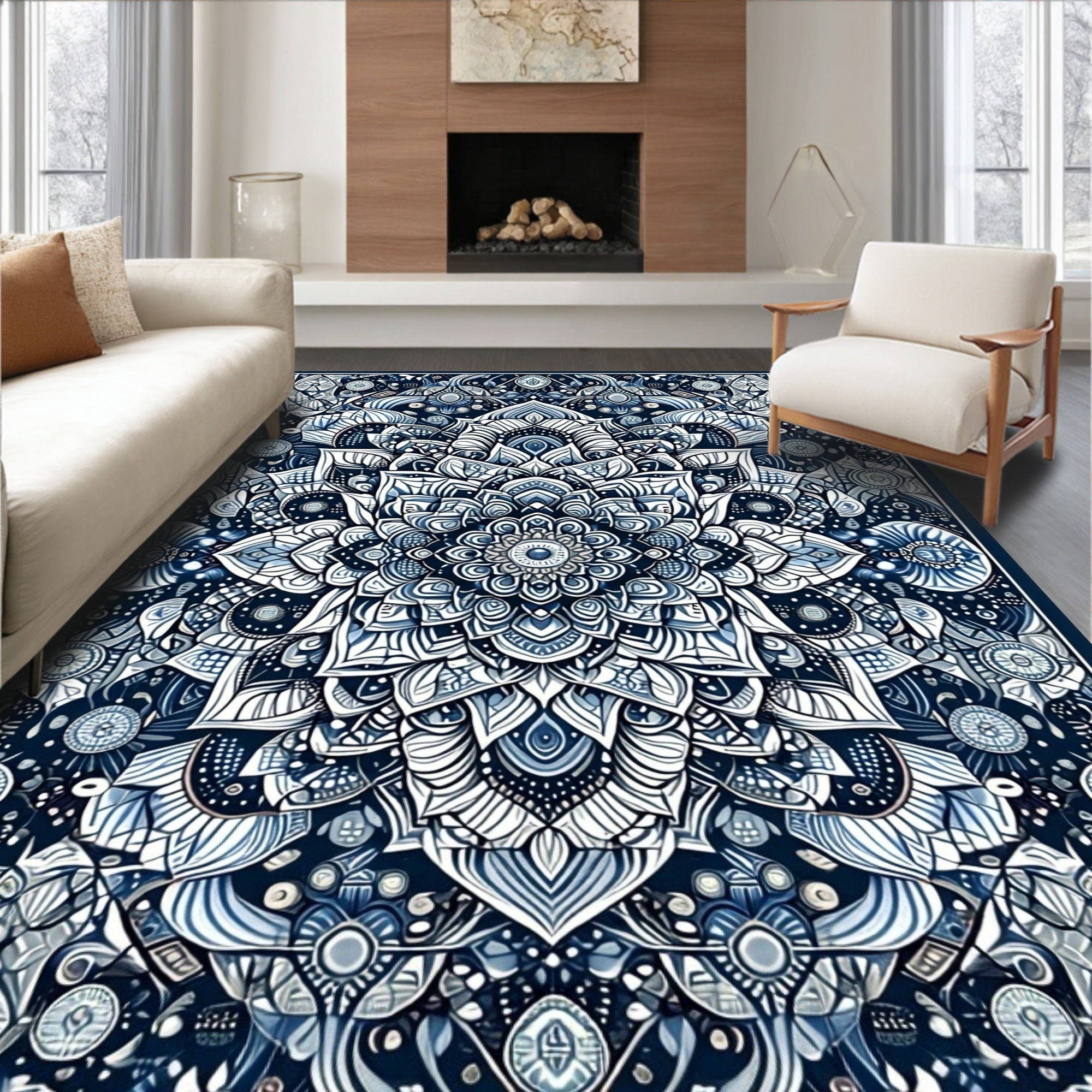 Intricate Blue White Mandala Pattern Rug