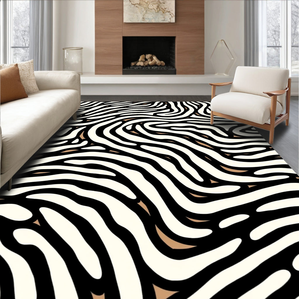 Abstract Beige Black Striped Pattern Rug