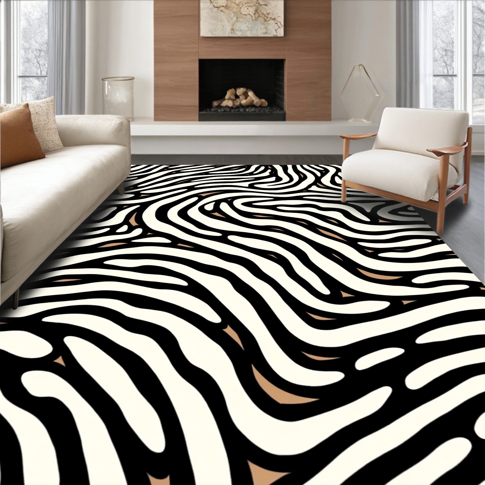 Abstract Beige Black Striped Pattern Rug