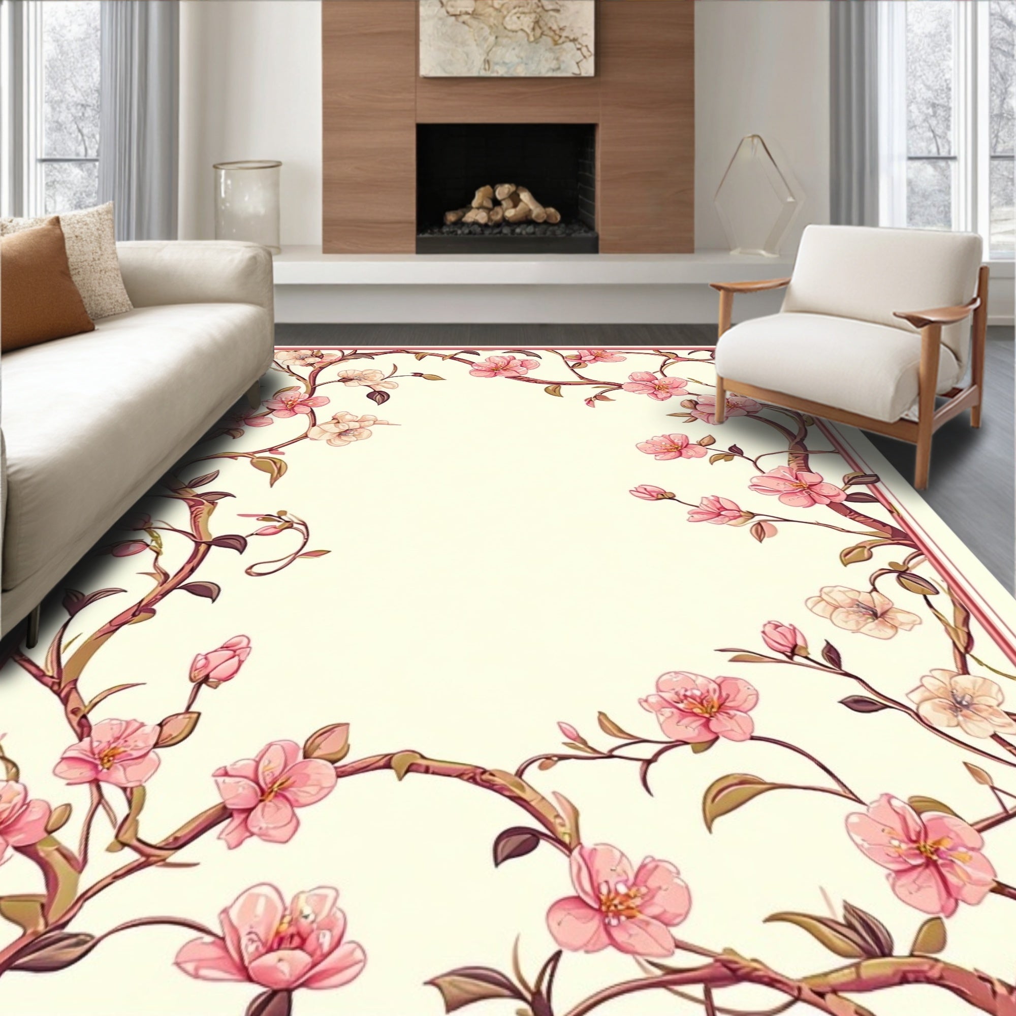 Pink Floral Branches Pattern Rug