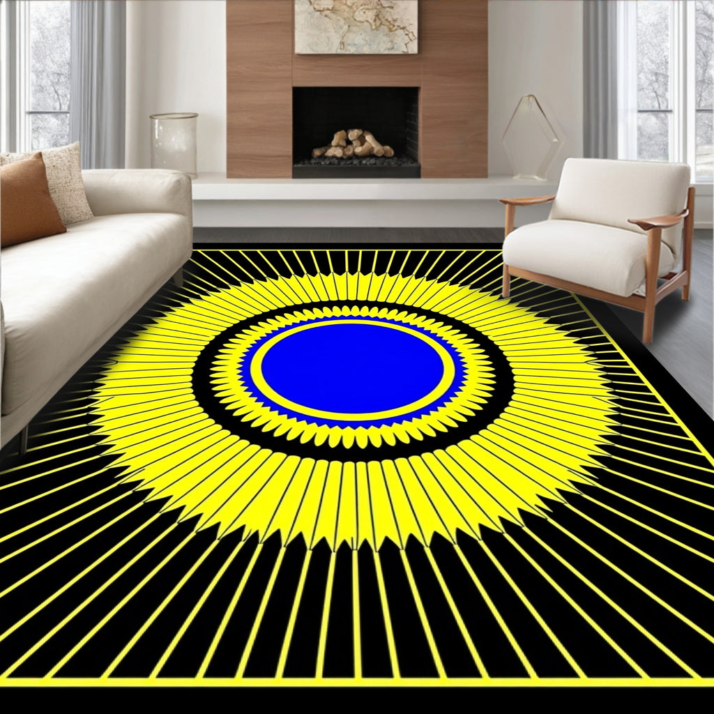 Bold Yellow Blue Sunburst Pattern Rug