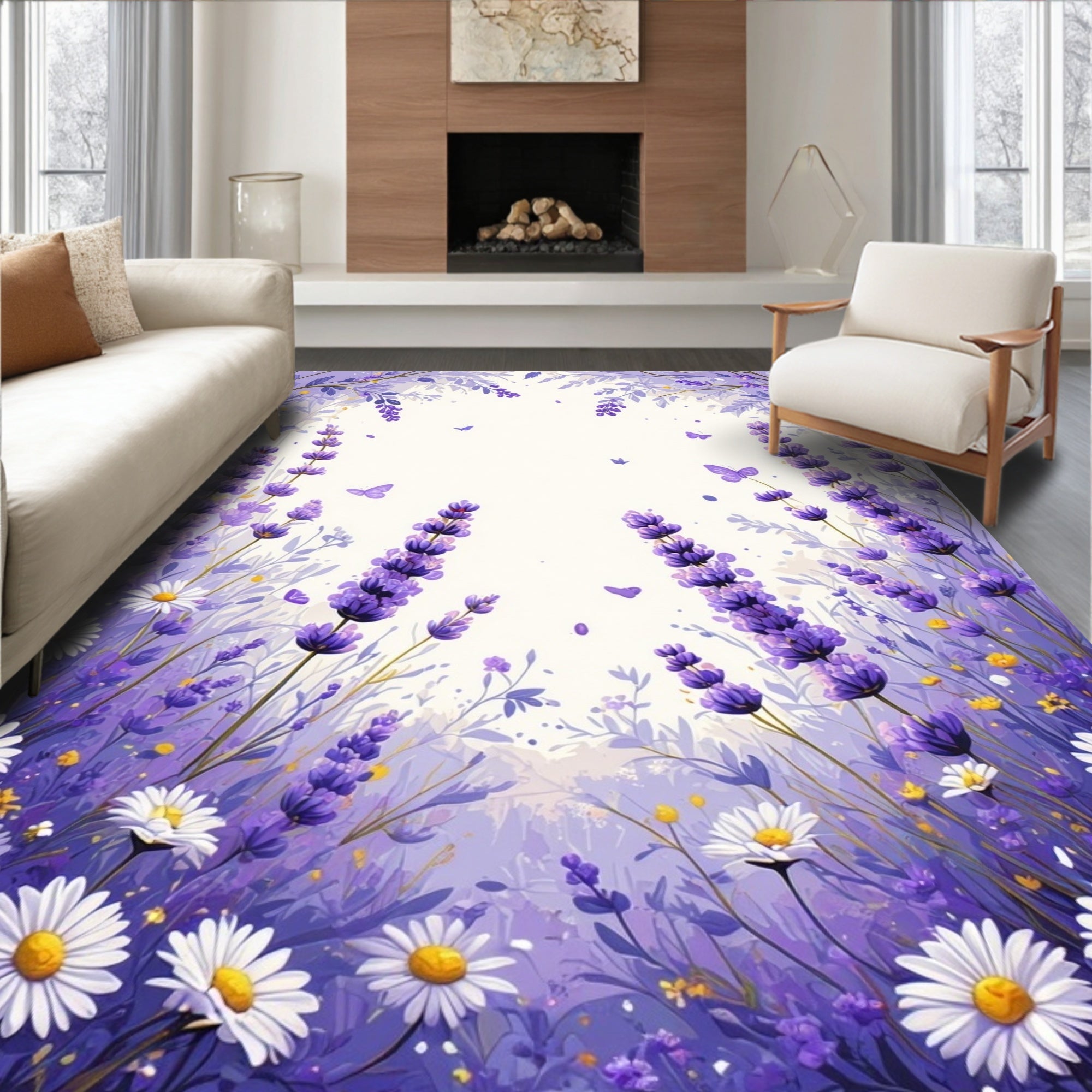 Lavender Field Butterflies Floral Design Rug