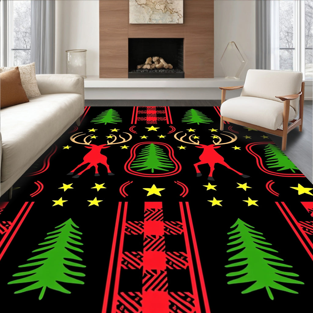 Red Deer Stars Buffalo Plaid Trees Rug