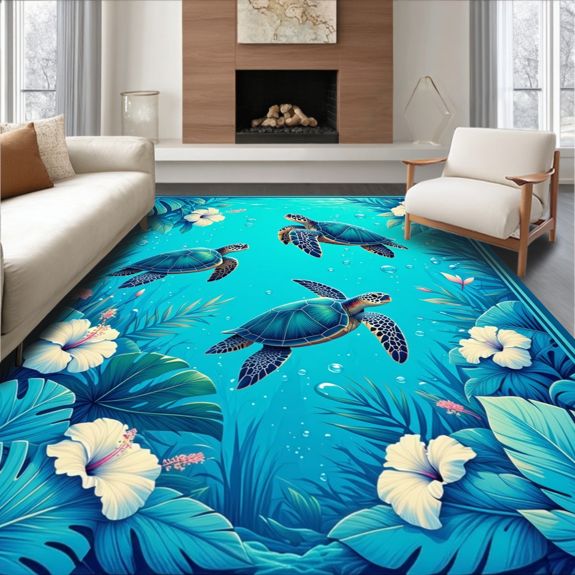 Watercolor Sea Turtles and Tropical Flowers Rug