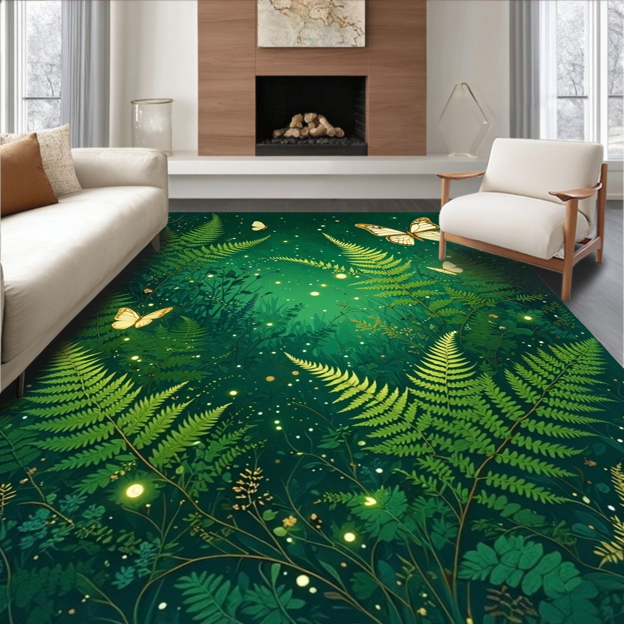 Enchanted Forest Fern Butterfly Scene Rug