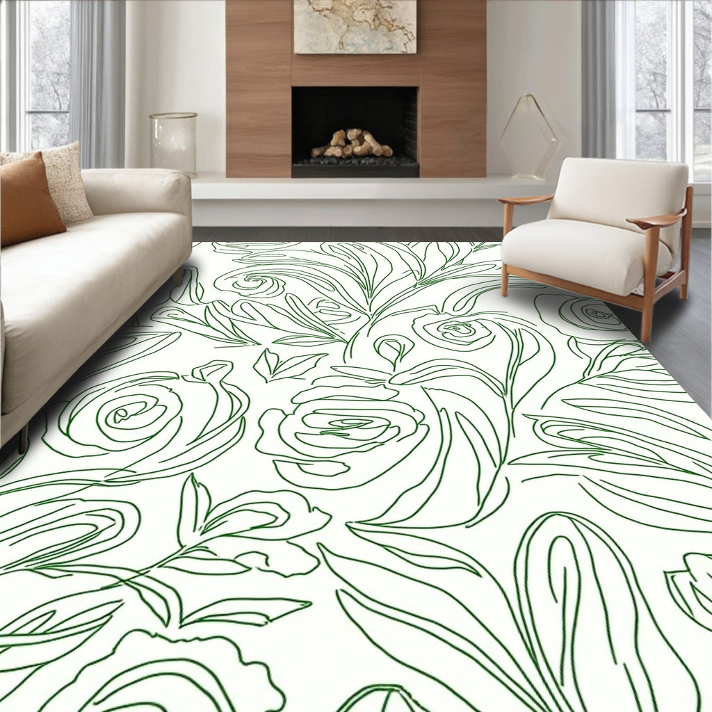 Whimsical Green Floral Line Art Rug