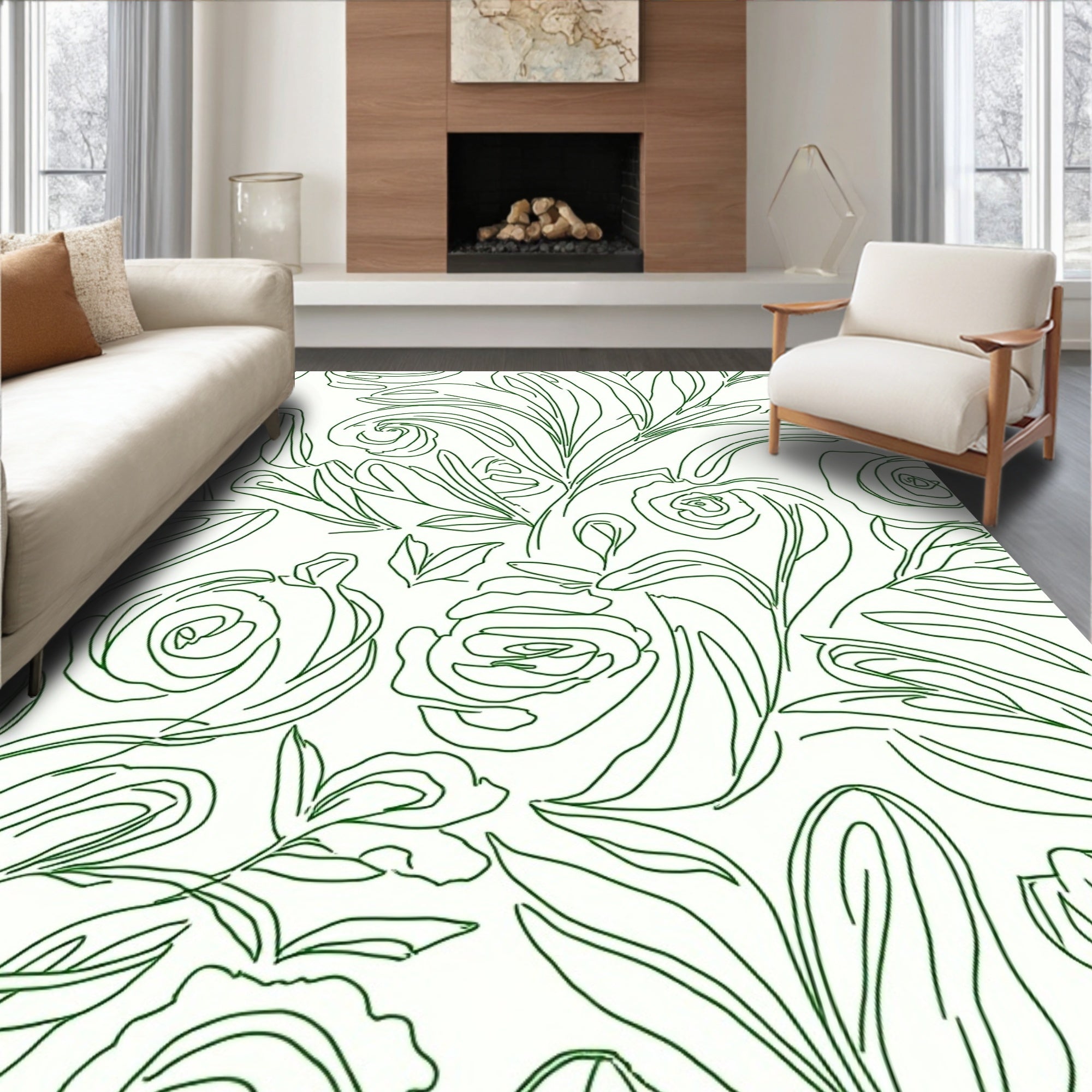 Whimsical Green Floral Line Art Rug