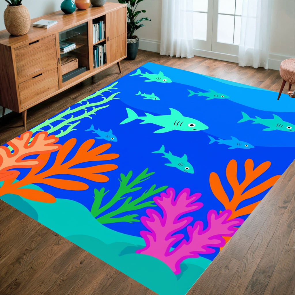 Playful Sharks Underwater Scene Rug