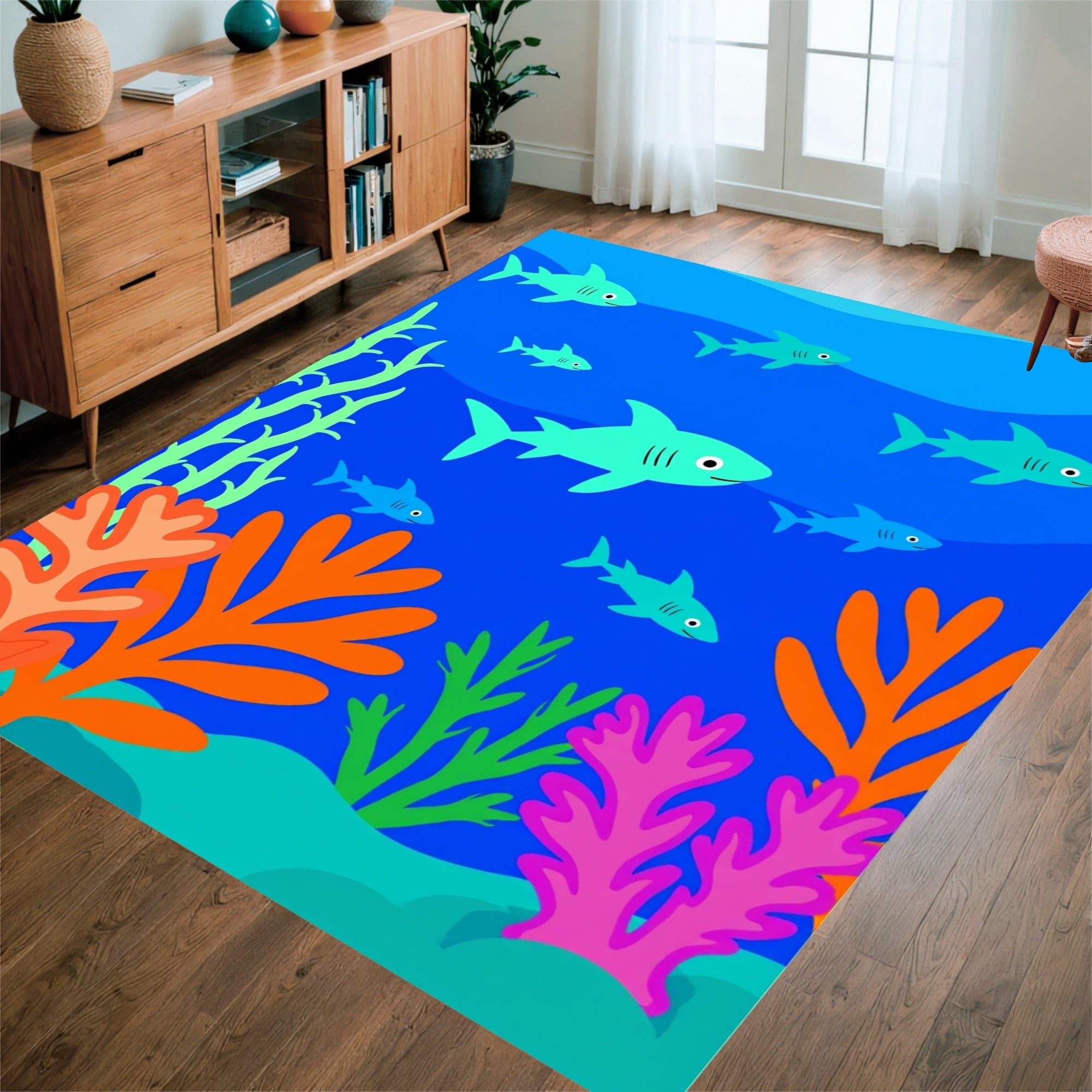 Playful Sharks Underwater Scene Rug