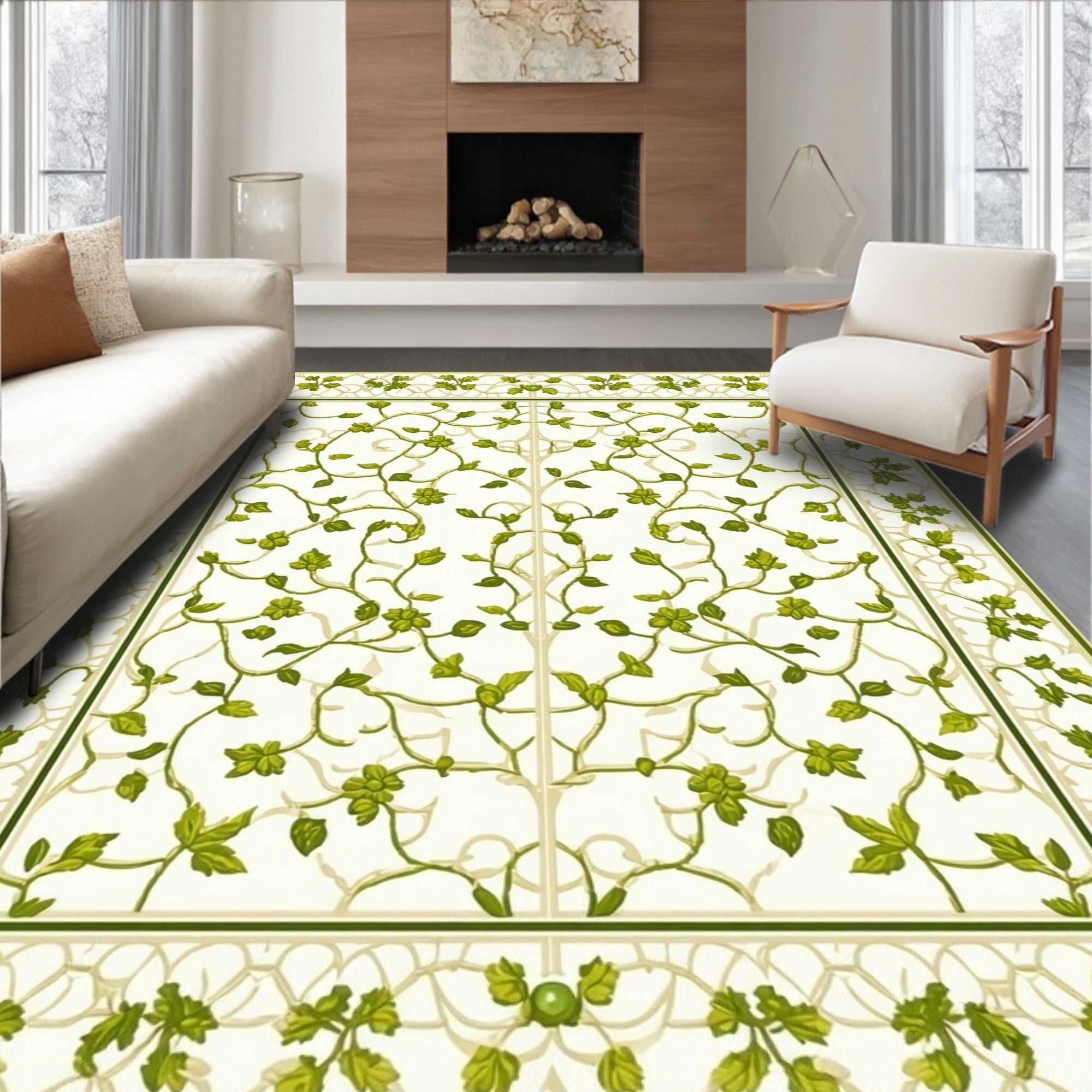 Green Vine Floral Intricate Border Rug