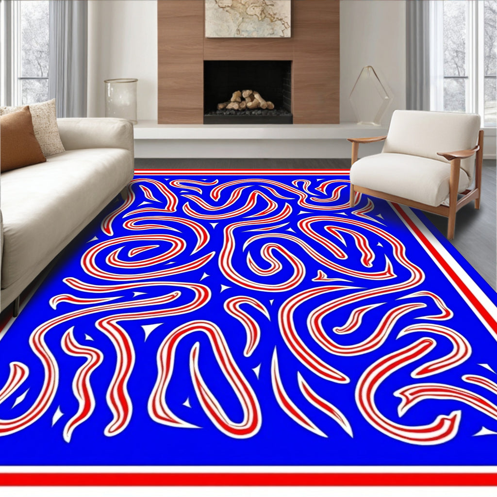 Bold Red White Swirls Blue Abstract Rug